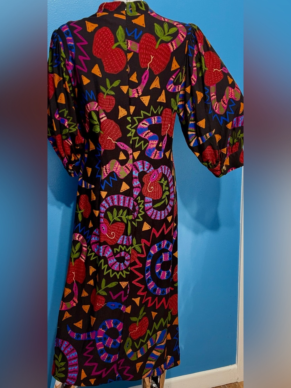 Farm Rio Snake Fruit Bold Black Midi Dress with Colorful Snake & Apple Print - Picture 3 of 7